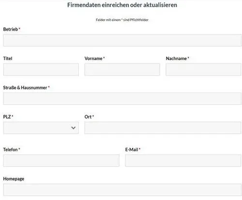 Ein Formular fragt nach Firmendaten. Felder umfassen Firmenname, Titel, Vorname, Nachname, Straße und Hausnummer, Postleitzahl, Ort, Telefon, E-Mail und Homepage. Pflichtfelder sind mit einem Sternchen markiert.