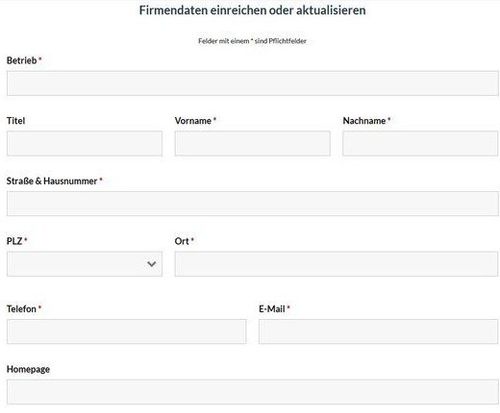 Ein Formular fragt nach Firmendaten. Felder umfassen Firmenname, Titel, Vorname, Nachname, Straße und Hausnummer, Postleitzahl, Ort, Telefon, E-Mail und Homepage. Pflichtfelder sind mit einem Sternchen markiert.