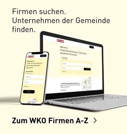 Ein Laptop und ein Mobiltelefon zeigen eine Website über Gemeindeunternehmen. Der Laptop-Bildschirm zeigt ein Formular zum Finden von Unternehmen. Das Telefon zeigt eine ähnliche Benutzeroberfläche mit Text und Symbolen. Der Hintergrund ist beige.