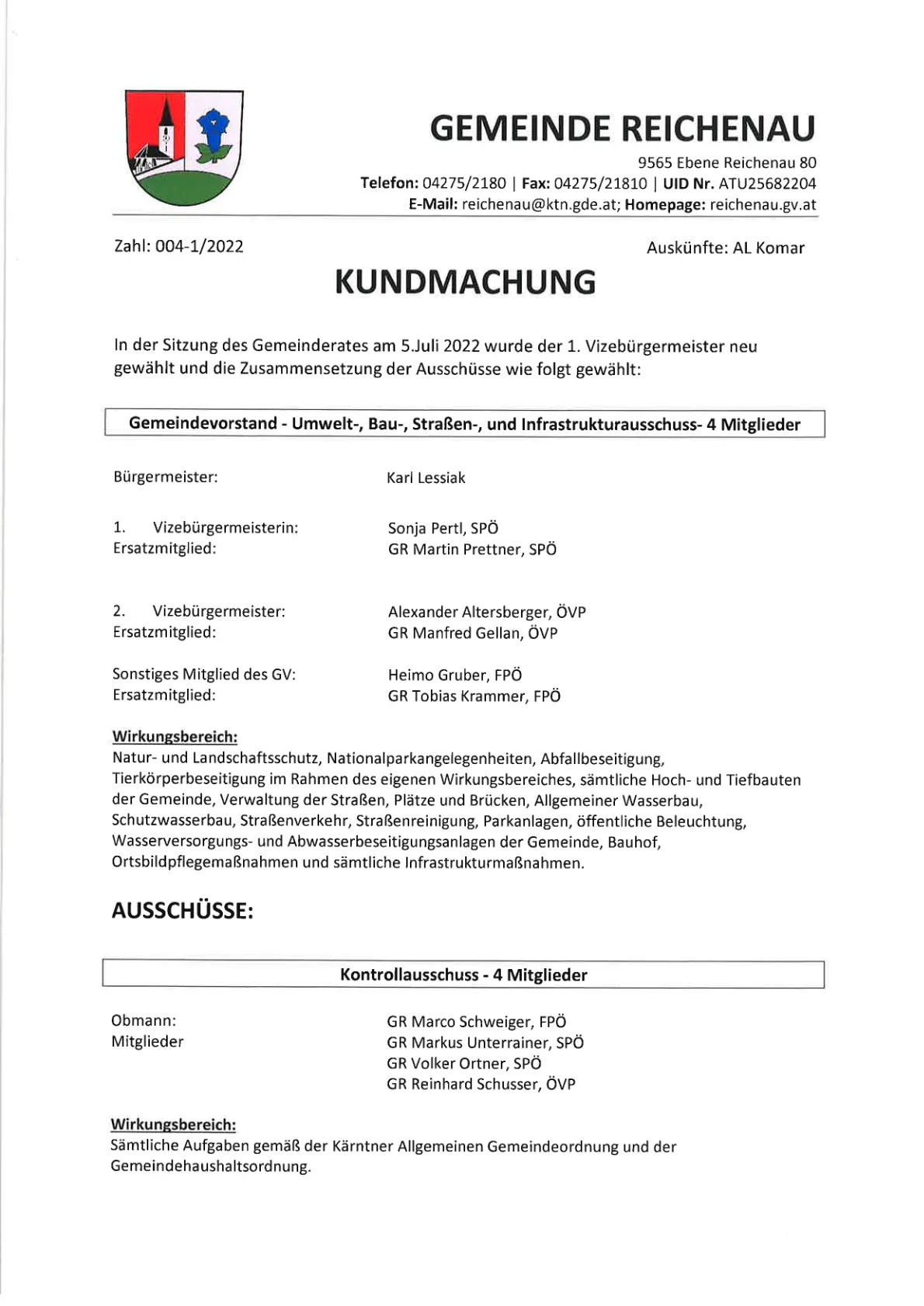 Das Dokument beschreibt die Wahl eines neuen 1. Vizebürgermeisters und die Zusammensetzung der Ausschüsse im Gemeinderat am 5. Juli 2022. Die Ausschüsse umfassen Umwelt-, Bau-, Straßen- und Infrastrukturausschuss. Der Bürgermeister und die Mitglieder der Ausschüsse sind aufgelistet.