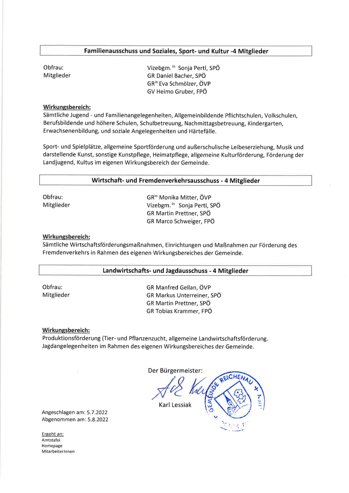 Das Dokument listet Mitglieder verschiedener Ausschüsse auf, die sich mit Bereichen wie Jugend- und Familienangelegenheiten, Sport- und Kulturaktivitäten, Wirtschaft- und Jagdangelegenheiten sowie Landwirtschaft- und Forstangelegenheiten befassen. Es enthält Namen und Rollen der Mitglieder, Schwerpunktbereiche und Sitzungsdetails.