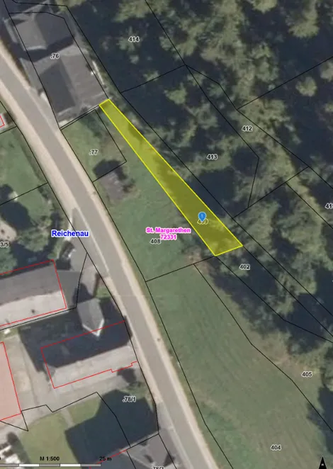 Eine Karte, die ein Grundstück in Reichenau, Deutschland, zeigt, mit einem hervorgehobenen Bereich, der mit 408.72331 gekennzeichnet ist, und einer Maßstabsleiste, die 1:500 Meter anzeigt.