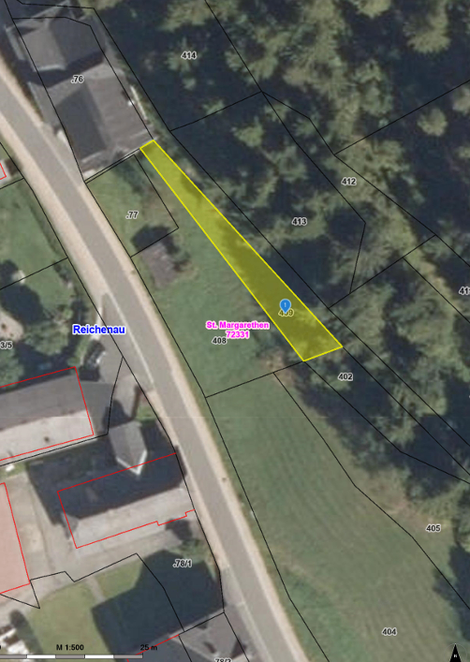 Eine Karte, die ein Grundstück in Reichenau, Deutschland, zeigt, mit einem hervorgehobenen Bereich, der mit 408.72331 gekennzeichnet ist, und einer Maßstabsleiste, die 1:500 Meter anzeigt.