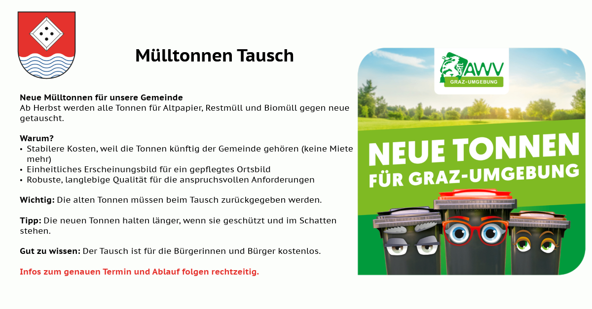 Eine Werbung für eine gemeinschaftliche Initiative zum Austausch alter Abfallbehälter gegen neue, die Vorteile des Gebrauchs geschützter und schattierter Behälter hervorhebt. Die neuen Behälter sind für Bürger kostenlos.