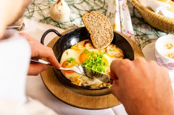 Brunch, Food, Food Presentation, Fork, Adult, Male, Man, Person, Egg, Bread
