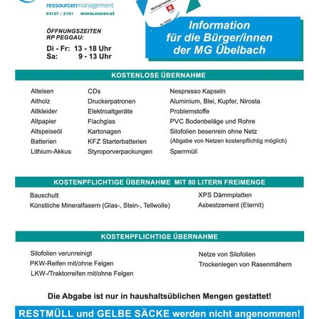 Plakat für Ressourcenpark GU-Nord. Informationen für die Bewohner von MG Ueelbach. Angebote für kostenlose und kostenpflichtige Recycling. Abfallsammlung ist nur in haushaltsüblichen Mengen erlaubt. Die Sammlung ist nur für Einwohner der Gemeinde Ueelbach möglich. Die Kosten für die Vorbereitung der Sammlung (Aufbau und Abbau) betragen 25 Euro.