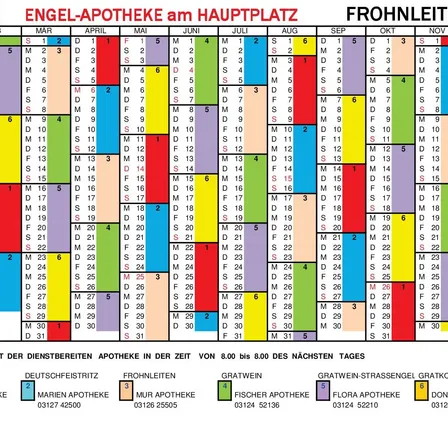 Das Bild zeigt einen Apotheken-Dienstplan für die Engel-Apotheke am Hauptplatz und Frohnleitner. Es listet die Tage des Monats mit entsprechenden Schichtcodes für jede Apotheke auf. Schichten werden durch Buchstaben wie 'M', 'D', 'F' und 'S' gekennzeichnet. Jede Apotheke hat einen unterschiedlichen farbkodierten Block, der ihre Schichten darstellt. Unten sind die Kontaktdaten für jede Apotheke angegeben.
