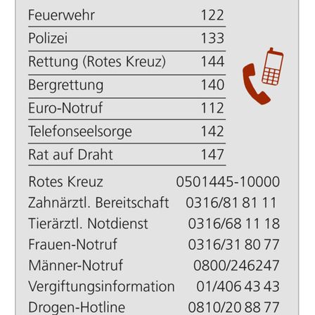 Das Bild zeigt eine Tabelle mit Notrufnummern. Es enthält die Feuerwehr, Polizei, Rettungsdienste, Bestattungsdienste, europäische Notrufnummer, Telefonhilfe und Notfall am Draht.