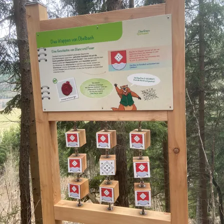 Ein Informationsschild mit einem Bild eines Bären steht im Wald. Das Schild hat Text in deutscher Sprache.
