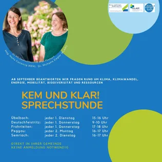 Plakat mit zwei Frauen. Es enthält einen Zeitplan für September für Sprechstunden zu Klima, Energie, Mobilität, Biodiversität und Ressourcen. Orte und Zeiten sind aufgeführt. Keine Anmeldung erforderlich.