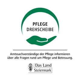 Logo der Pflege Drehscheibe mit einer Hand und einer Bildunterschrift, die Pflege Drehscheibe sagt. Es wird von Das Land Steiermark unterstützt.