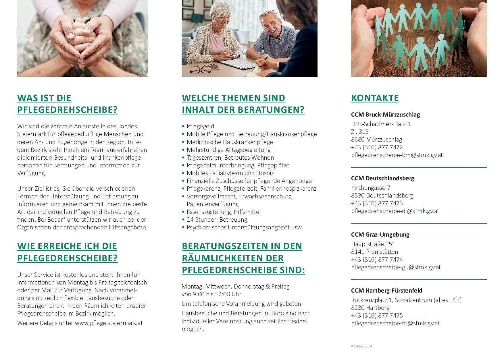 Ein Flyer einer Pflegeorganisation. Er bietet Informationen zu den besprochenen Themen, Beratungszeiten und Kontaktdaten. Er hebt den Fokus auf Hauspflege, medizinische Pflege und Palliativpflege hervor. Es enthält auch Telefonnummern für verschiedene Zweigstellen.