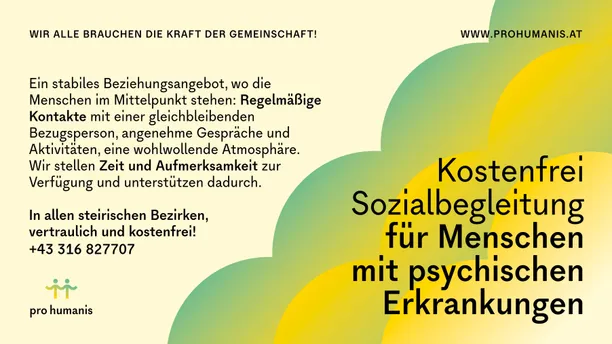 Das Bild bewirbt einen Beratungsdienst, der seine Gemeinschaftsstärke und kostenlose Zugänglichkeit in bestimmten Bezirken hervorhebt, mit Fokus auf regelmäßige Treffen, angenehme Gespräche und eine einladende Atmosphäre.
