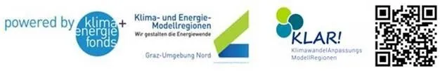 Logos für Klimafonds, Klima- und Energie-Modellregionen und KLAR! mit einem QR-Code, alles auf weißem Hintergrund.