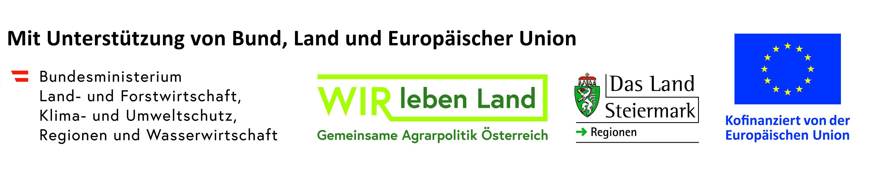 Ein weißer Hintergrund mit grünem Text, der 'WIR leben Land' und 'Gemeinsame Agrarpolitik Österreich' darunter steht. Der Text ist fett und großgeschrieben.