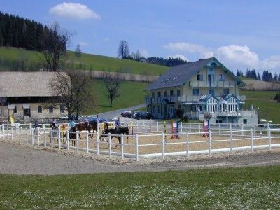 Ein Reitplatz mit Pferden und Reitern in einem eingezäunten Bereich. Ein großes gelbes Gebäude und ein kleineres Haus im Hintergrund.