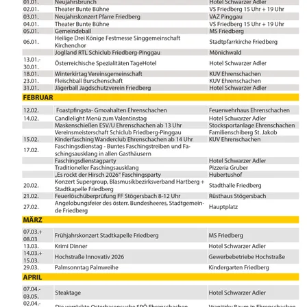 Ein Zeitplan mit Veranstaltungen in Friedberg, einschließlich Theateraufführungen, Konzerten und Gemeinschaftstreffen. Die Termine reichen von Januar bis April.