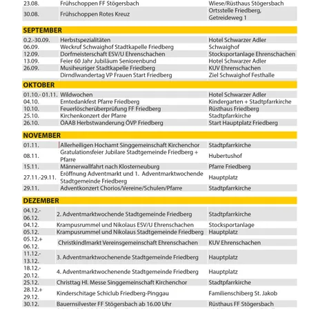 Das Bild zeigt einen Zeitplan von Veranstaltungen für September bis Dezember. Es enthält Daten, Veranstaltungen und Orte. Die Veranstaltungen reichen von Erntedankfesten über Kirchenkonzerte bis hin zu Adventsmärkten. Die Orte umfassen Friedberg, Ehrenschaen und Stoegersbach.