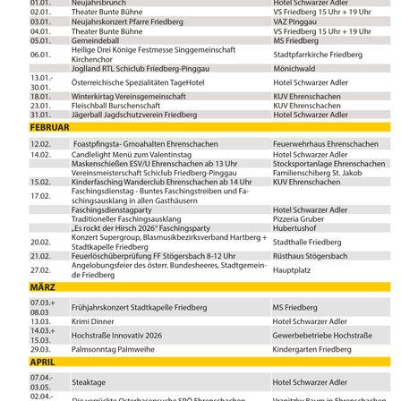 Ein Zeitplan mit Veranstaltungen in Friedberg, einschließlich Theateraufführungen, Konzerten und Gemeinschaftstreffen. Die Termine reichen von Januar bis April.