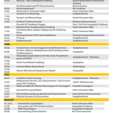 Monatlicher Zeitplan von Mai bis August umfasst Veranstaltungen wie Familienwanderungen, Konzerte und besondere Anlässe. Bemerkenswerte Ereignisse sind der 'Familienwanderungstag', 'Hochzeit im Schwarzen Adler' und 'Sommerliche Spezialitäten'. Die Veranstaltungen finden an Orten wie Friedberg, Ehrenschaen und Hotel Schwarzer Adler statt.