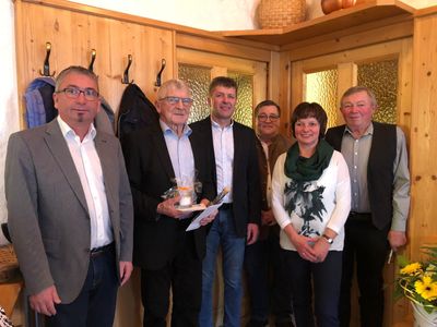 Sechs formell gekleidete Personen stehen in einem Raum mit Holzwänden und Glastüren. Ein Mann in der Mitte hält eine Kerze und ein kleines Geschenk.