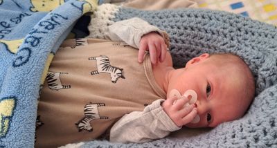 Ein Baby liegt auf einem Bett mit einer gehäkelten Decke, trägt ein beigefarbenes Strampler mit Zebra-Aufdrucken und hält einen Schnuller.
