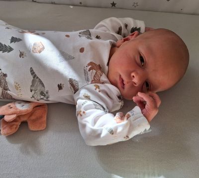 Ein Baby liegt auf einem Bett und trägt ein weißes Strampler mit Tierdruck, schaut neugierig in die Kamera.