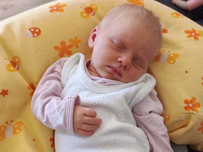 Ein Babymädchen schläft friedlich auf einem gelben Kissen mit Schmetterlingsmuster. Sie trägt eine weiße Weste und rosa lange Ärmel.