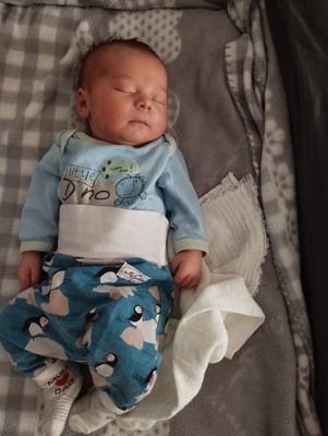 Ein Babyjunge schläft friedlich auf einer Decke und trägt ein blaues Shirt mit Pinguin-Design und passende Hose.