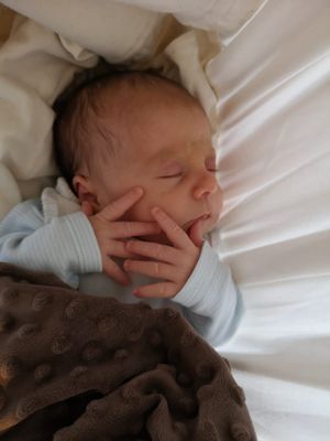 Ein Neugeborenes schläft friedlich, eingewickelt in eine weiße Decke und einen braunen, strukturierten Stoff. Die Hände des Babys liegen sanft über seinem Gesicht.