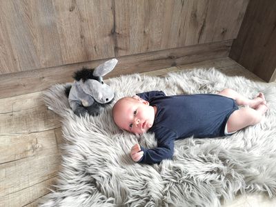Ein Baby liegt auf einem weißen Fellteppich, trägt ein blaues Langarmshirt und schaut zu einem Plüsch-Esel-Spielzeug. Der Hintergrund besteht aus Holzwänden.