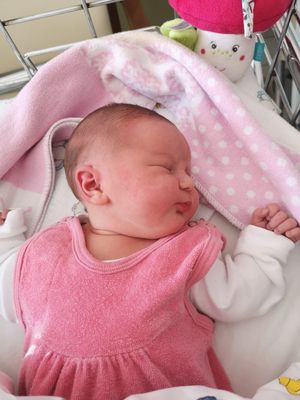Ein Babymädchen schläft friedlich auf einem Bett, trägt ein rosa Kleid und eine rosa Decke mit weißen Punkten. Sie hat ein Kuscheltier neben sich.