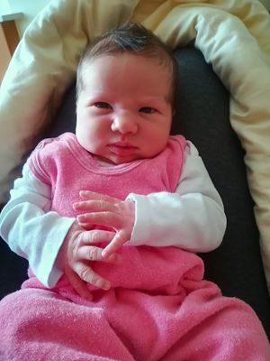 Ein Babymädchen in einem rosa Outfit sitzt auf einer schwarzen Oberfläche und schaut direkt in die Kamera.