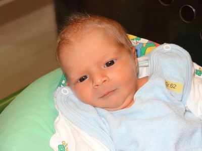 Ein Babyjunge mit hellbraunem Haar, der einen blauen Strampler mit einem gelben Etikett trägt, das Gr. 62 steht, auf einem grünen Kissen liegend.