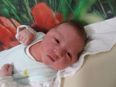 Ein Neugeborenes liegt auf einer weißen Decke und trägt ein hellblaues Body mit einem gelben Etikett, auf dem 'Gr 9' steht. Die Augen des Babys sind leicht geöffnet, und eine kleine Hand ruht auf seiner Brust. Im Hintergrund sind verschwommen rote Blumen und grüne Blätter zu sehen.