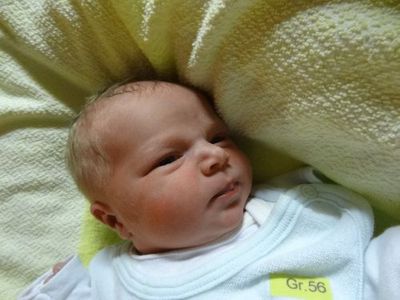 Ein Neugeborenes liegt auf einer grünen Decke und trägt ein weißes Lätzchen mit einem gelben Etikett, auf dem Gr. 56 steht. Das Baby hat helles Haar und schaut direkt in die Kamera.