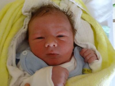 Ein Neugeborenes, eingewickelt in eine gelbe und weiße Decke, schaut direkt in die Kamera mit leicht geöffnetem Mund.