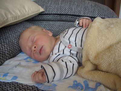 Ein Baby schläft friedlich auf einem Bett, bedeckt mit einer blau-weißen Decke mit Bären-Cartoons. Das Baby trägt ein gestreiftes Outfit und ruht auf einer beigen Decke.