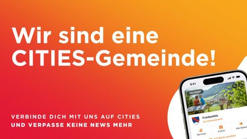 Eine Werbung für eine mobile App, die ein Smartphone mit einer landschaftlichen Szene und dem Text 'Verbinde dich mit uns auf Cities und verpasse keine Nachrichten' zeigt. Das Logo und der Name der App sind auf dem Bildschirm zu sehen.