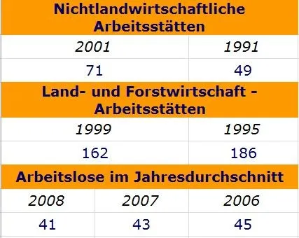 Das Bild zeigt eine Tabelle mit Beschäftigungsdaten in nichtlandwirtschaftlichen Sektoren, landwirtschaftlichen und forstwirtschaftlichen Sektoren sowie durchschnittlichen jährlichen Arbeitslosenzahlen von 1991 bis 2008. Der nichtlandwirtschaftliche Sektor zeigt Beschäftigungszahlen für 2001 und 1991, während Landwirtschaft und Forstwirtschaft Zahlen für 1999 und 1995 anzeigen. Die jährlichen Arbeitslosenzahlen sind für 2008, 2007 und 2006 aufgeführt.