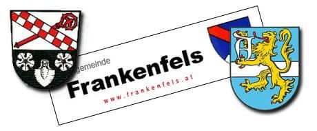 Das Bild zeigt zwei heraldische Wappen. Das linke Wappen hat ein rotes Kreuz auf weißem Hintergrund mit einer Schaufel und zwei Blumen. Das rechte Wappen hat einen Löwen auf blauem Hintergrund mit einem roten Streifen. Der Text 'Frankenfels' ist fett. Die Website 'www.frankenfels.at' ist angezeigt.