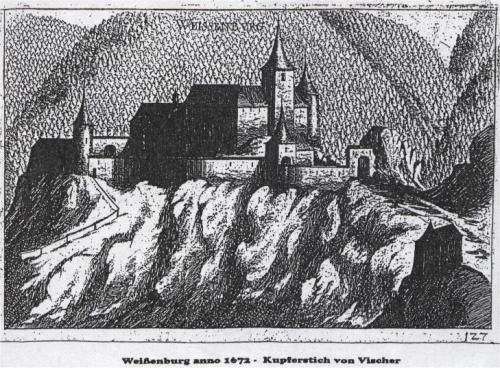 Eine Kupferstichzeichnung zeigt die Burg Welfensburg auf einem Felsvorsprung, datiert auf 1673, von Kupferstich von Visscher.