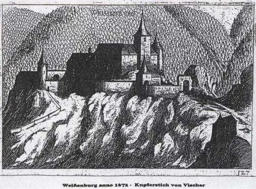 Eine Kupferstichzeichnung zeigt die Burg Welfensburg auf einem Felsvorsprung, datiert auf 1673, von Kupferstich von Visscher.
