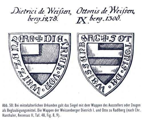 Das Bild zeigt zwei mittelalterliche Siegel mit Wappen. Das linke gehört Dietrich von Weissen, geboren 1278, und das rechte Otto von Weissen, geboren 1300.