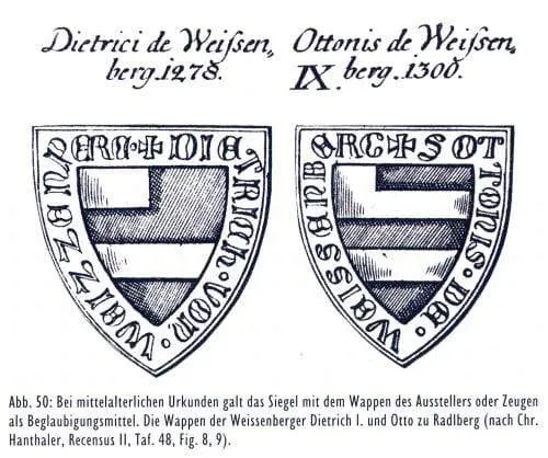 Das Bild zeigt zwei mittelalterliche Siegel mit Wappen. Das linke gehört Dietrich von Weissen, geboren 1278, und das rechte Otto von Weissen, geboren 1300.