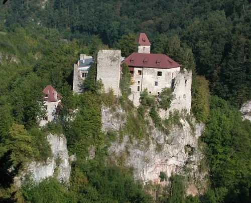 Ein Luftbild einer Burg auf einem felsigen Felsen, umgeben von einem dichten Wald. Die Burg hat ein rotes Dach und mehrere Fenster.