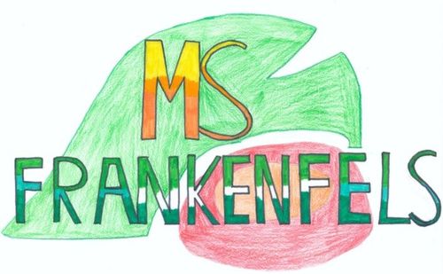 Eine farbenfrohe Illustration des Wortes Frankenstein mit einem Blatt darüber und einem Apfel darunter, in fetten Buchstaben.