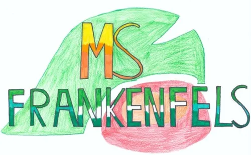 Eine farbenfrohe Illustration des Wortes Frankenstein mit einem Blatt darüber und einem Apfel darunter, in fetten Buchstaben.