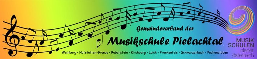 Ein Plakat mit Musiknoten auf einem farbenfrohen Hintergrund, mit dem Text Gemeinschaftsverband der Musikschule Pielachtalk in Schwarz. Unten stehen Namen von Orten.