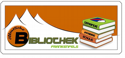 Ein Plakat mit den Worten 'Bibliothek' und 'Frankenfels' mit einem Bild von Bergen und einem Stapel Bücher davor.
